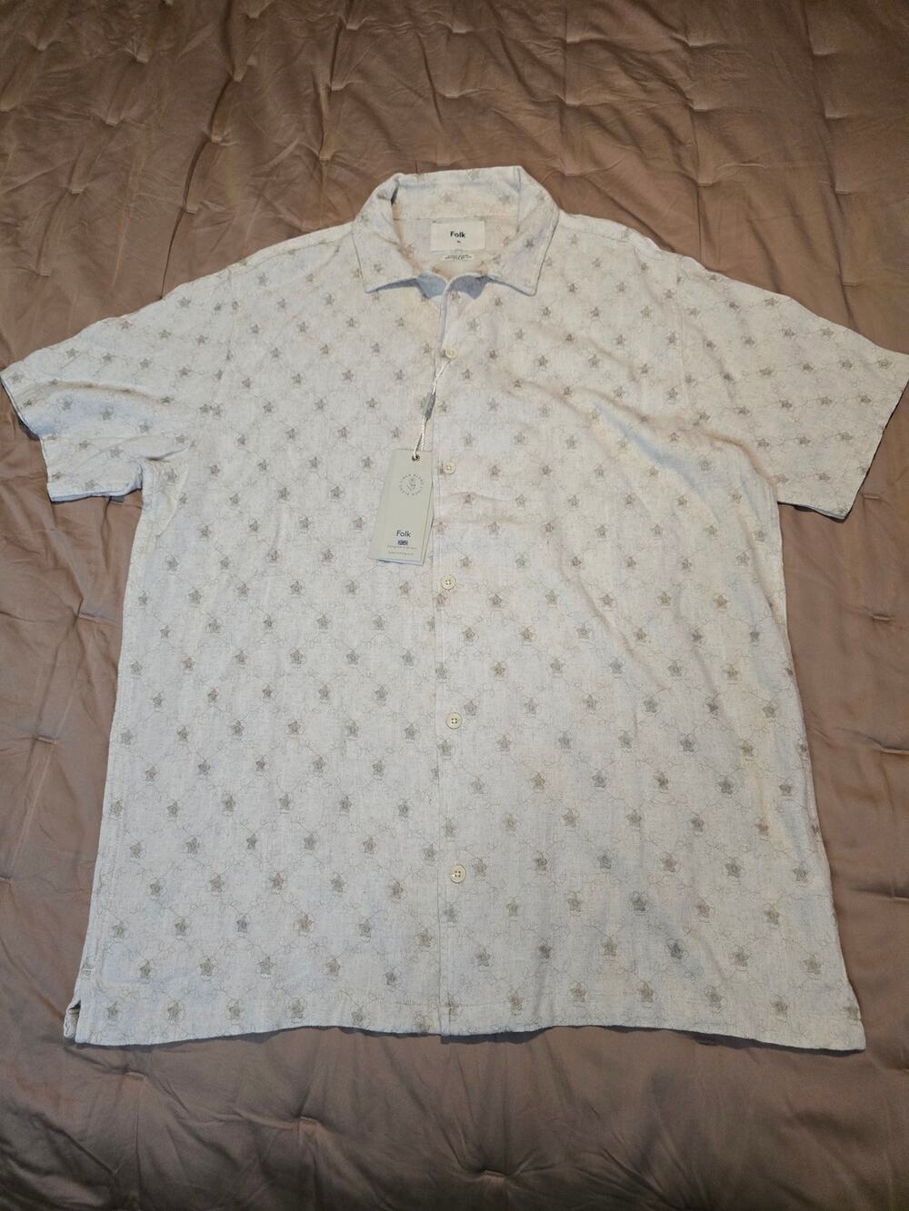 Folk Men's Embroidered Linen Blend Shirt XL Floral Short Sleeve NWT